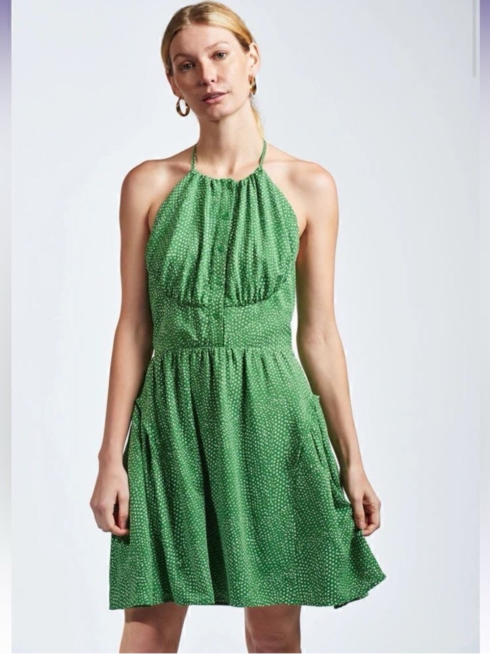 THE SHIRT Rochelle Behrens Green Halter Polka Dot Sundress
